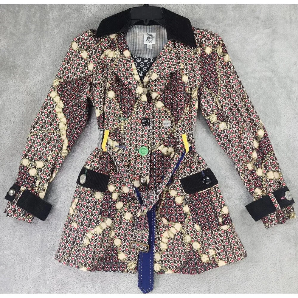 Ivy Jane Jacket Womens Small Multicolor Retro Button Front Belted Long Sleeve - Picture 1 of 12